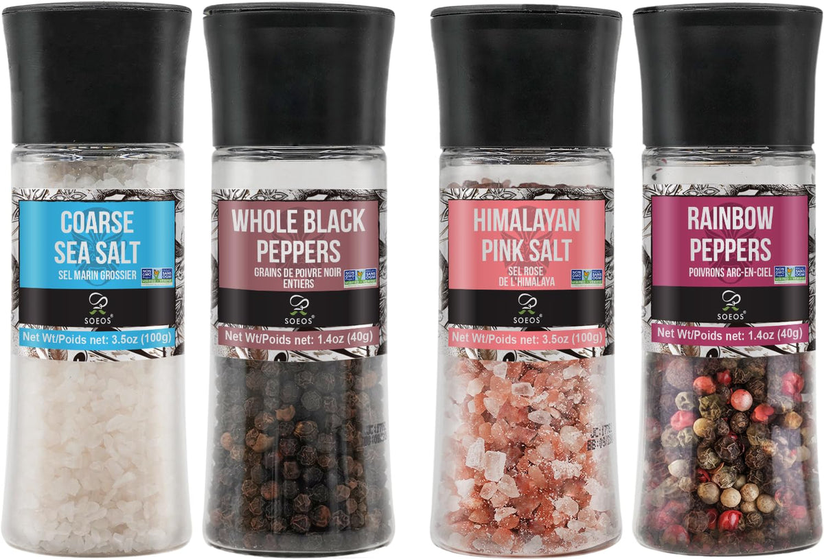 Soeos spice set with integrated grinders on the kitchen counter for quick, fresh seasoning.