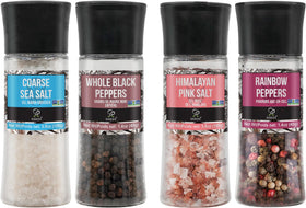 Soeos spice set with integrated grinders on the kitchen counter for quick, fresh seasoning.