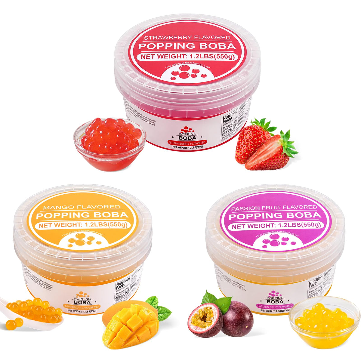 Soeos strawberry mango passion pop boba in a jar for bold fruity flavor.
