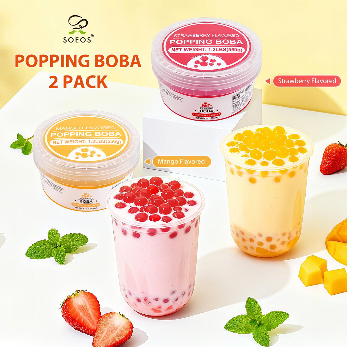 Soeos popping boba closeup with juicy spheres ready to burst in beverages.