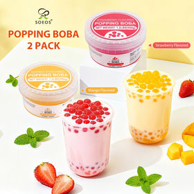 Soeos popping boba closeup with juicy spheres ready to burst in beverages.