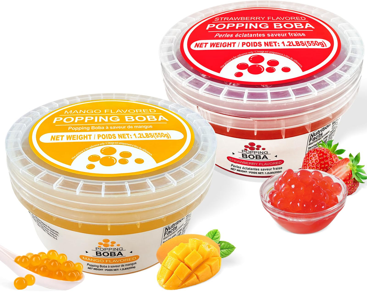 Soeos strawberry-mango popping boba pack showing vibrant pearls for fruity drinks.