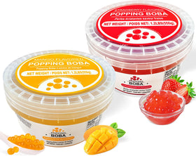 Soeos strawberry-mango popping boba pack showing vibrant pearls for fruity drinks.