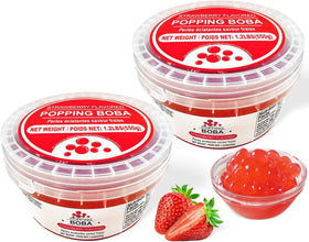 Soeos Strawberry Popping Boba bottle closeup, vibrant pearls ready to elevate drinks
