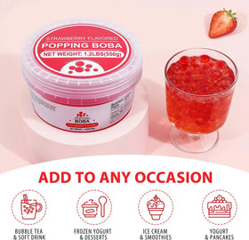 Soeos yogurt parfait topped with strawberry popping boba