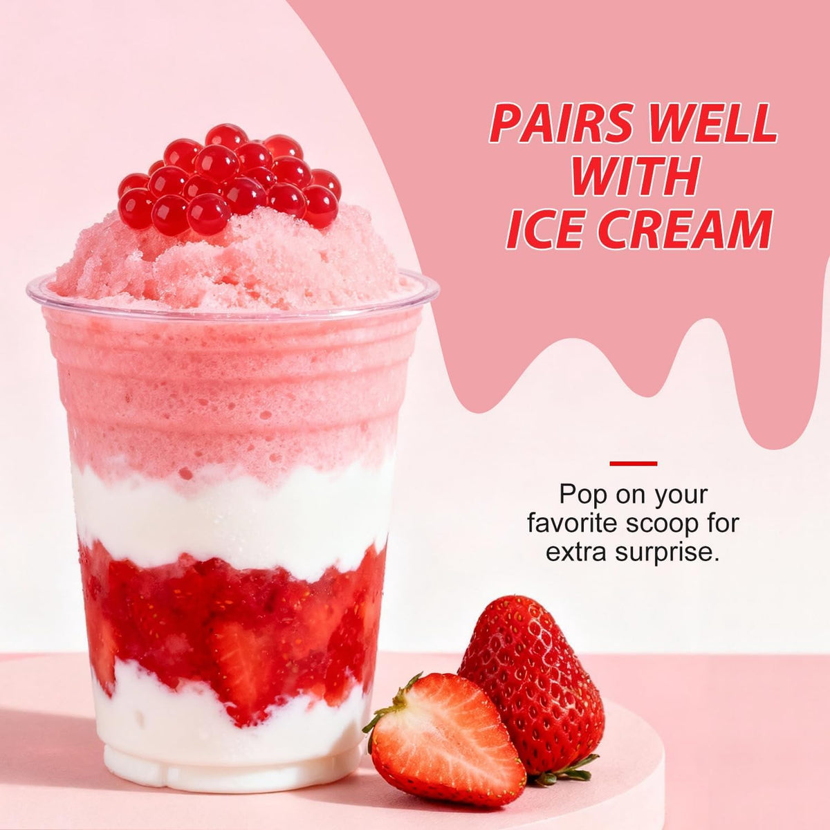 Soeos Strawberry Popping Boba on a dessert plate with glossy finish