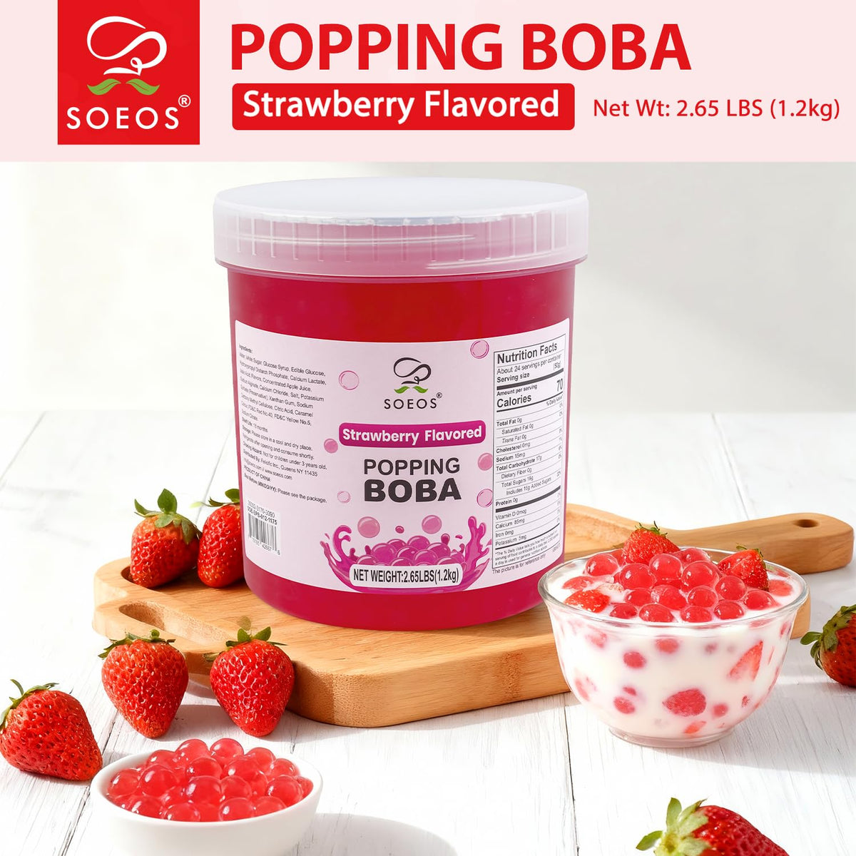 Soeos Strawberry Popping Boba Pearls closeup reveals glossy fruit centers