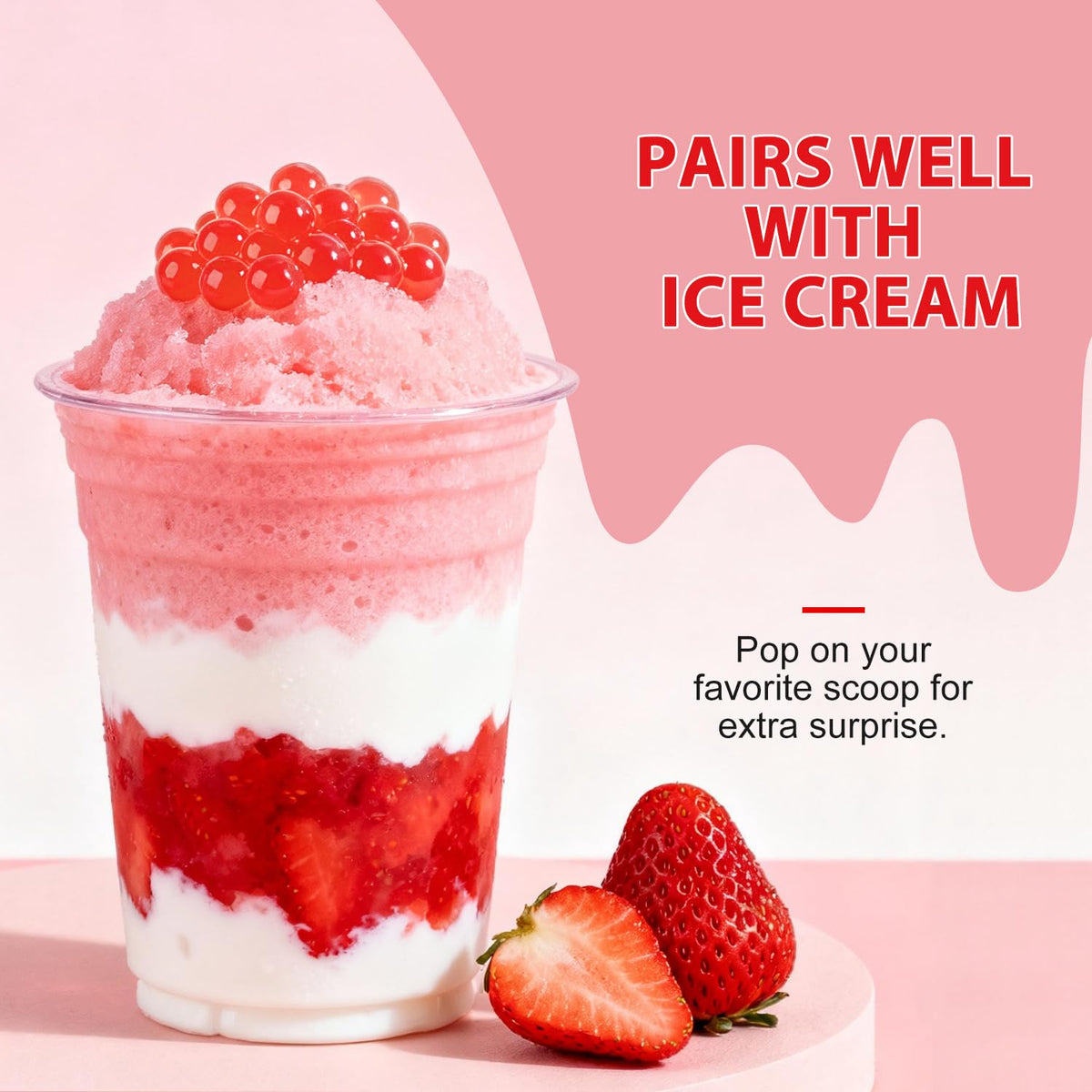 Soeos Strawberry Popping Boba Pearls in cocktail glass for playful garnish