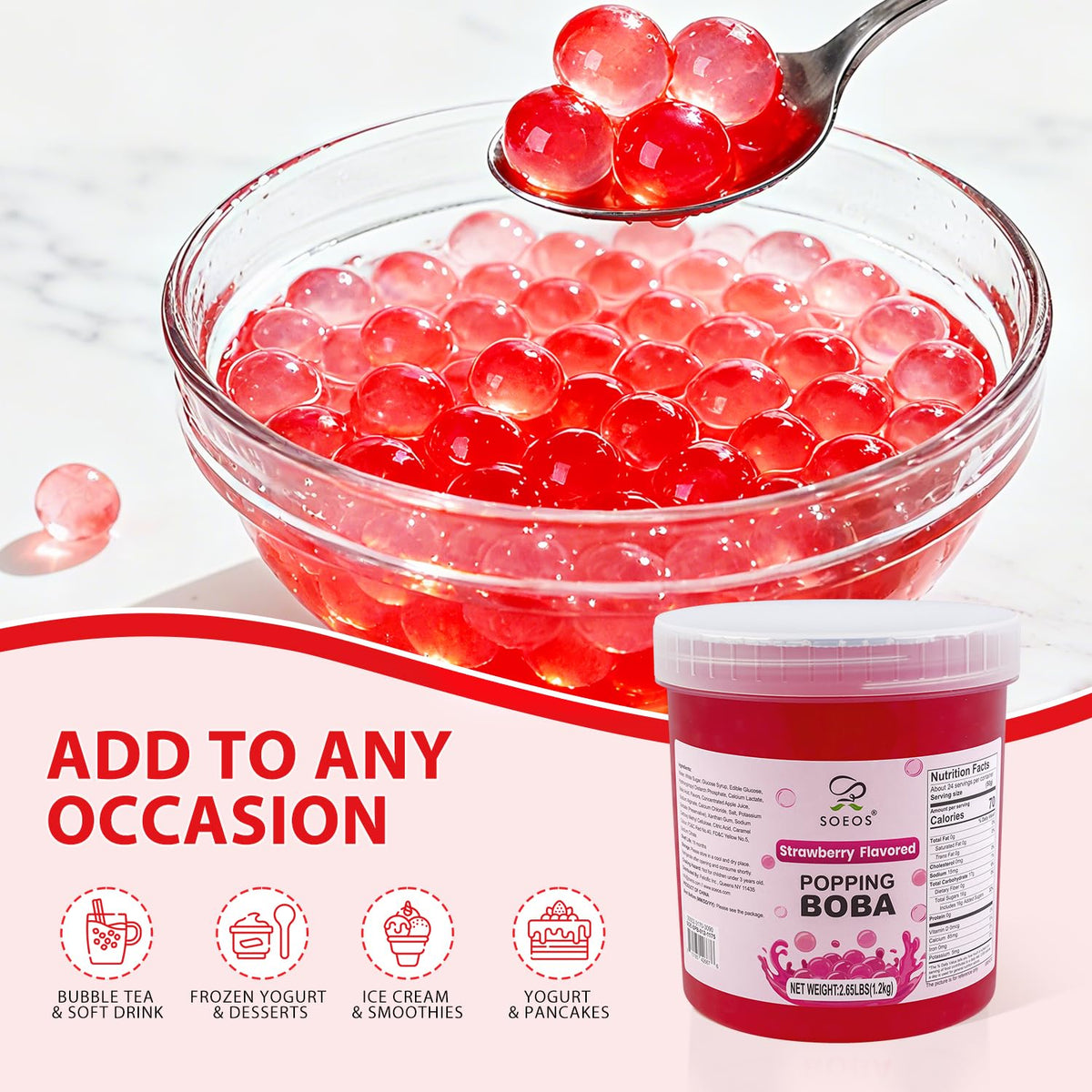 Soeos Strawberry Popping Boba Pearls in bubble tea glass ready to sip