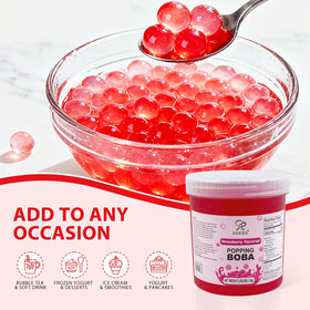 Soeos Strawberry Popping Boba Pearls in bubble tea glass ready to sip