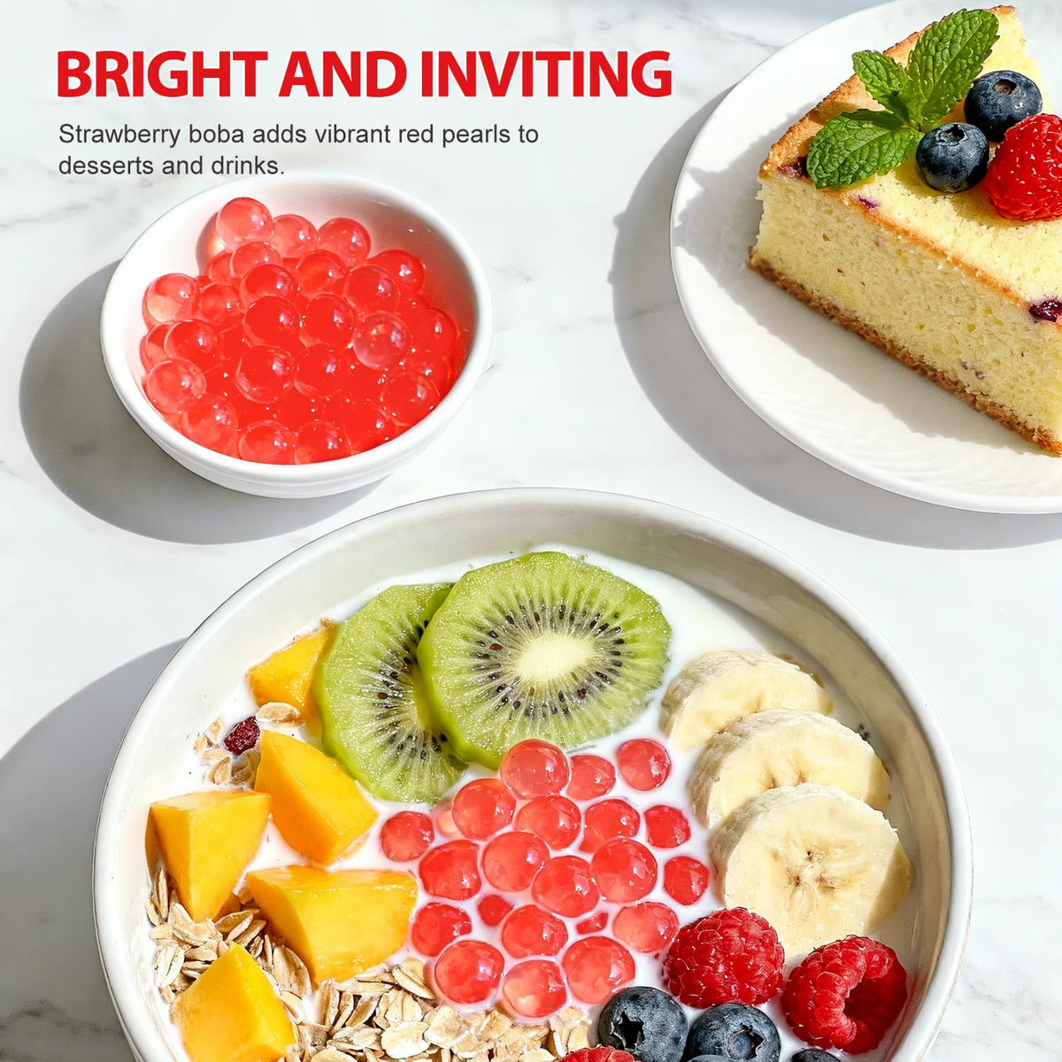 Soeos Strawberry Popping Boba Pearls kitchen display for serving ideas