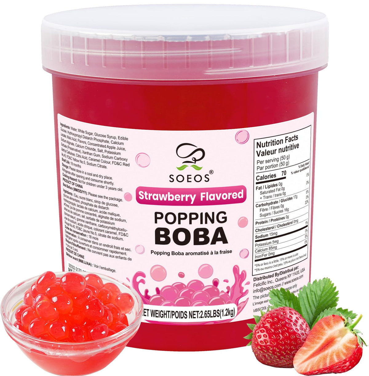 Soeos Strawberry Popping Boba Pearls tub showing fresh packaging for great flavor