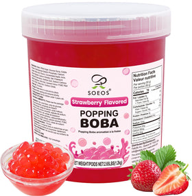 Soeos Strawberry Popping Boba Pearls tub showing fresh packaging for great flavor