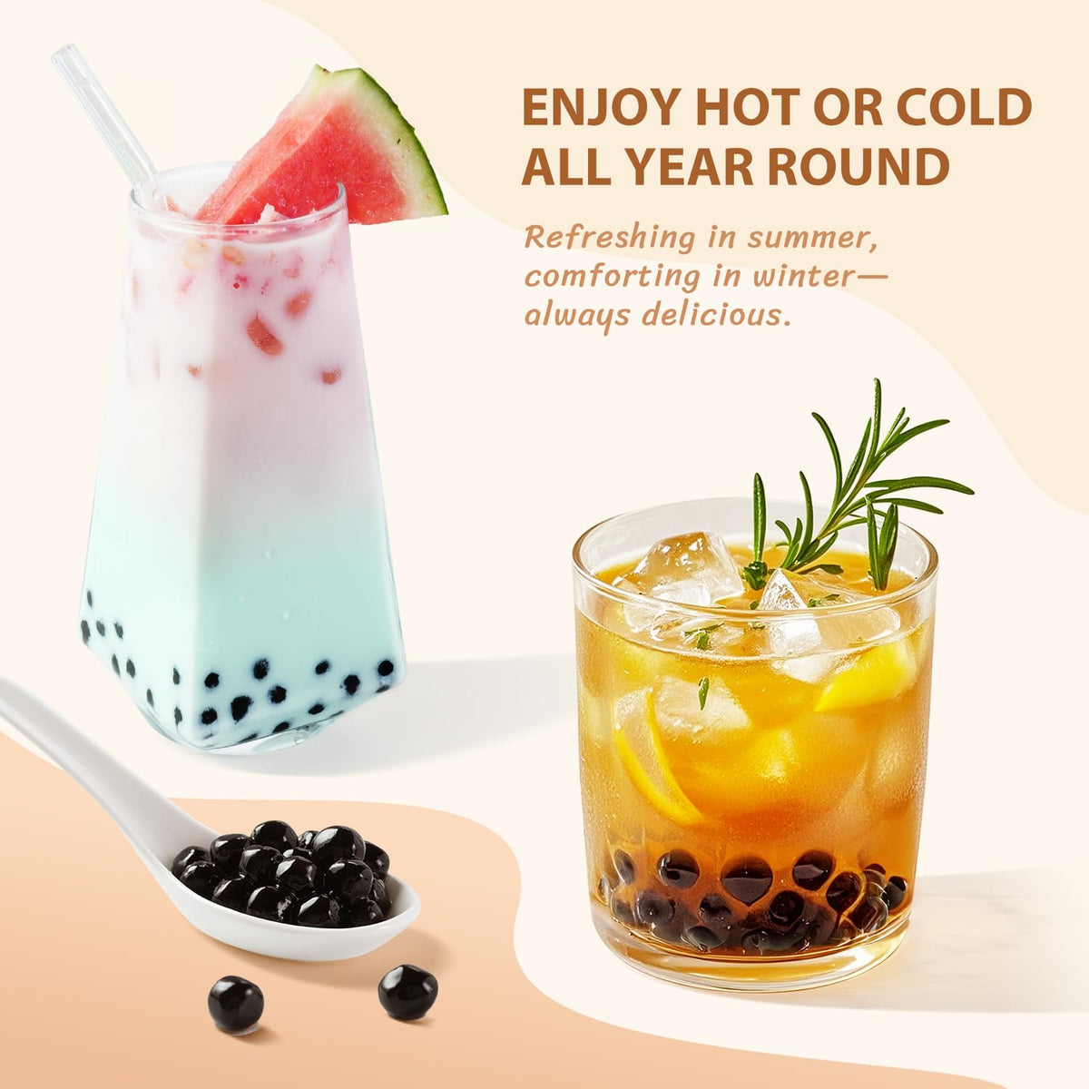 Soeos ice cream topping: chewy pearls enhance frozen desserts.