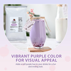 Soeos taro latte mix swirling into a creamy cup.