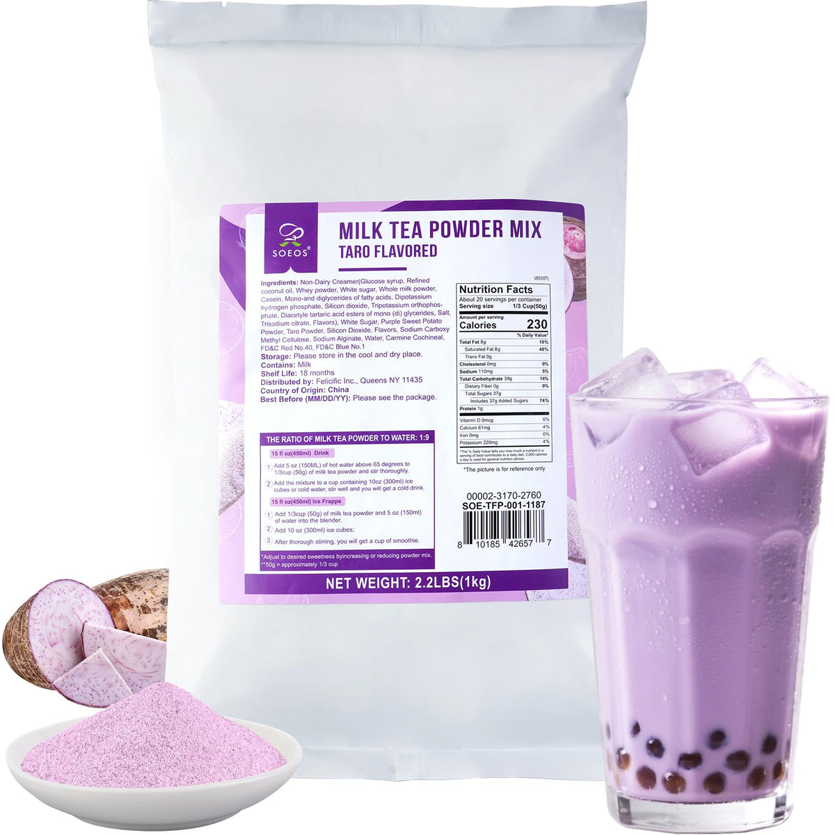Soeos taro powder bag ready for bubble tea preparation.