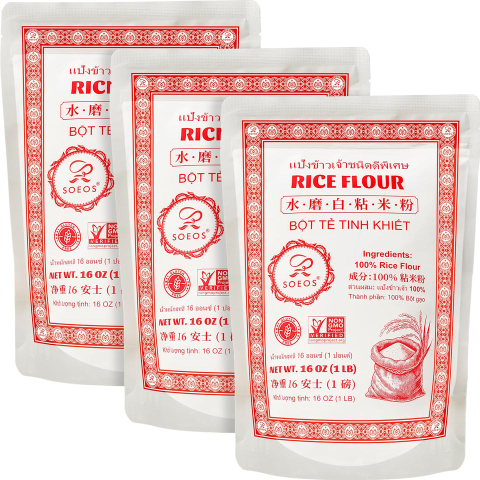 Soeos Thai Rice Flour packaging shows a 48-ounce box for versatile cooking.