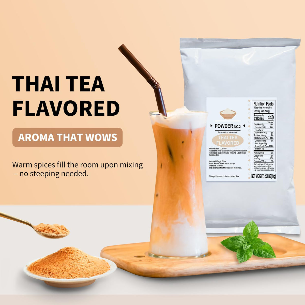 Soeos Thai Tea Powder being poured into a cup for instant creamy milk tea