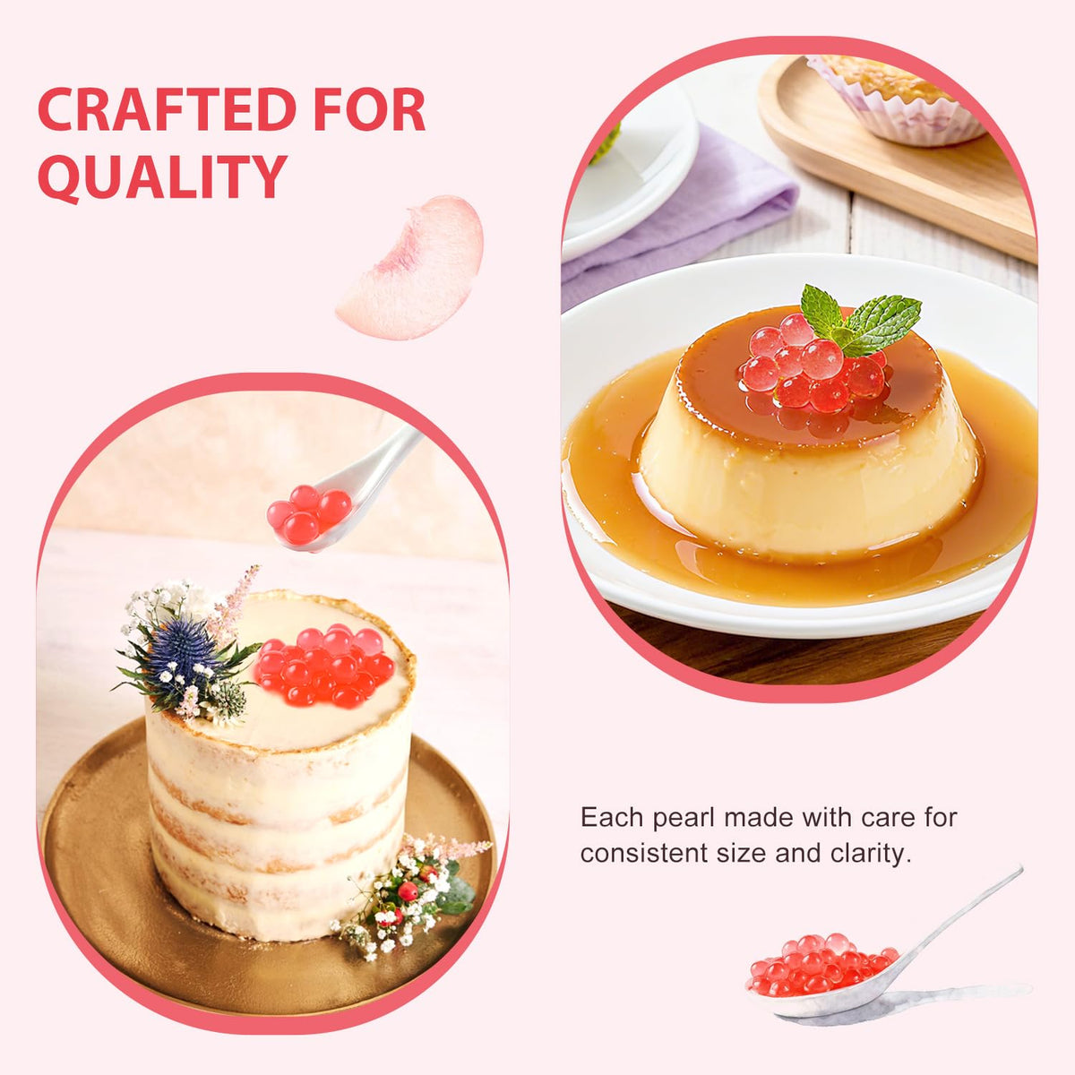 Soeos peach pearls atop vanilla ice cream for a fruity dessert.