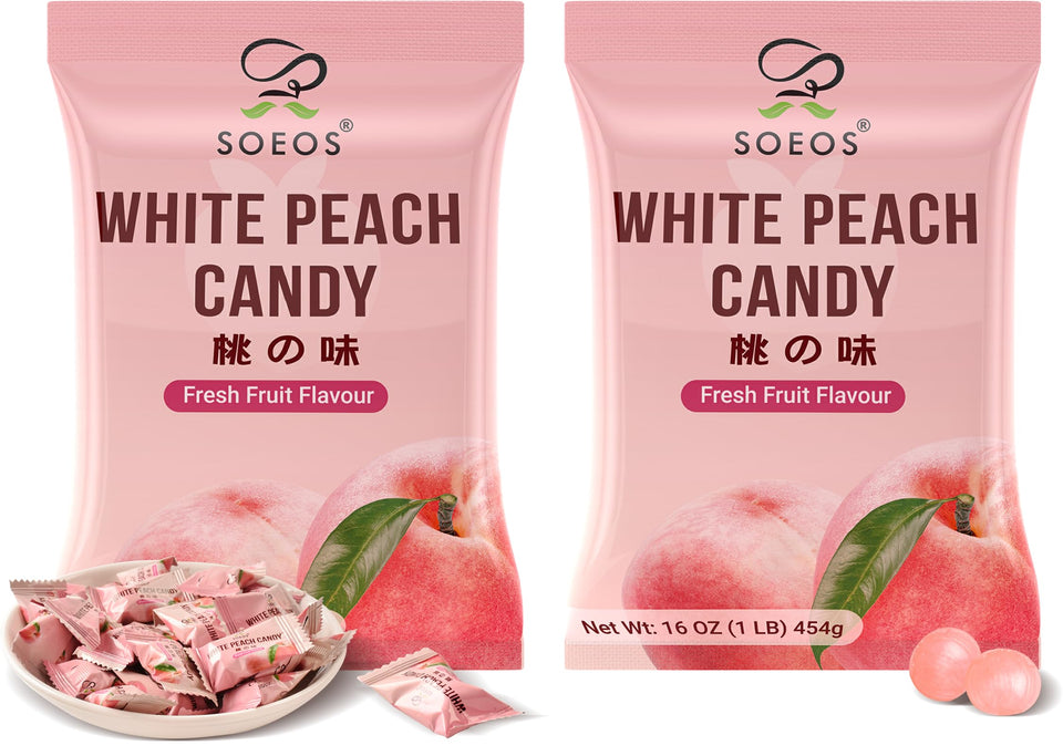 Soeos White Peach Candy unwrapped shows juicy peach flavor for a refreshing on-the-go treat.