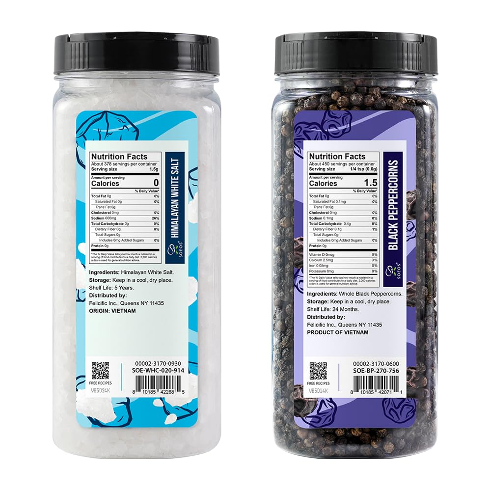 Soeos whole black peppercorns 9.5oz bottle ready for fresh grind.