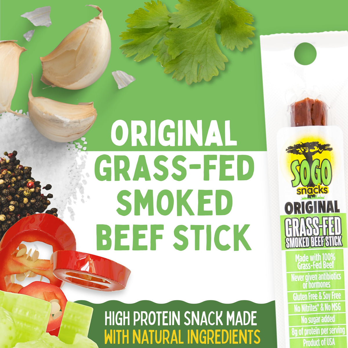 Sogo Snacks No Sugar beef stick 1oz displaying clean label for keto-friendly snack