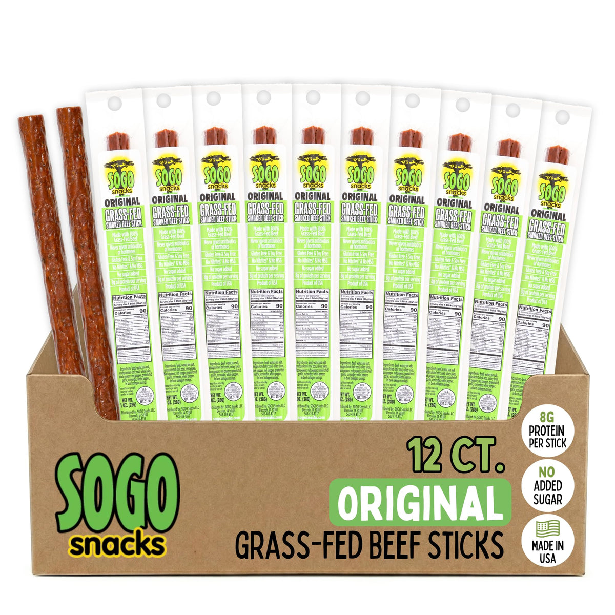 Sogo Snacks Original beef stick 1oz pack front view for quick protein