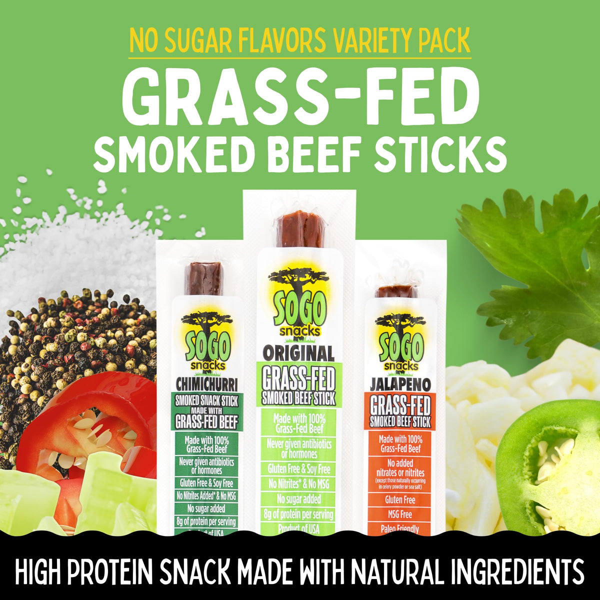 Sogo Snacks Chimichurri flavor beef jerky sticks for bold flavor lovers.