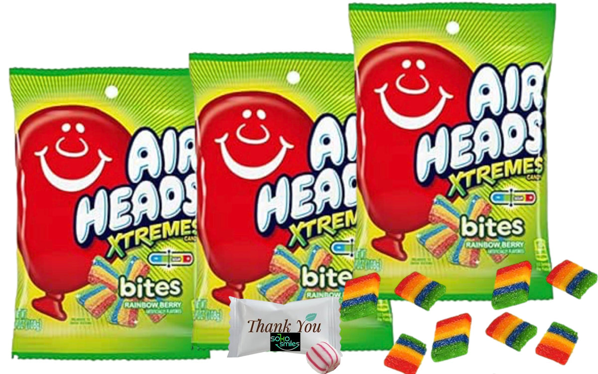 Soko Smiles Airheads Xtremes Bites pack on display, fruity non-melting candy for parties