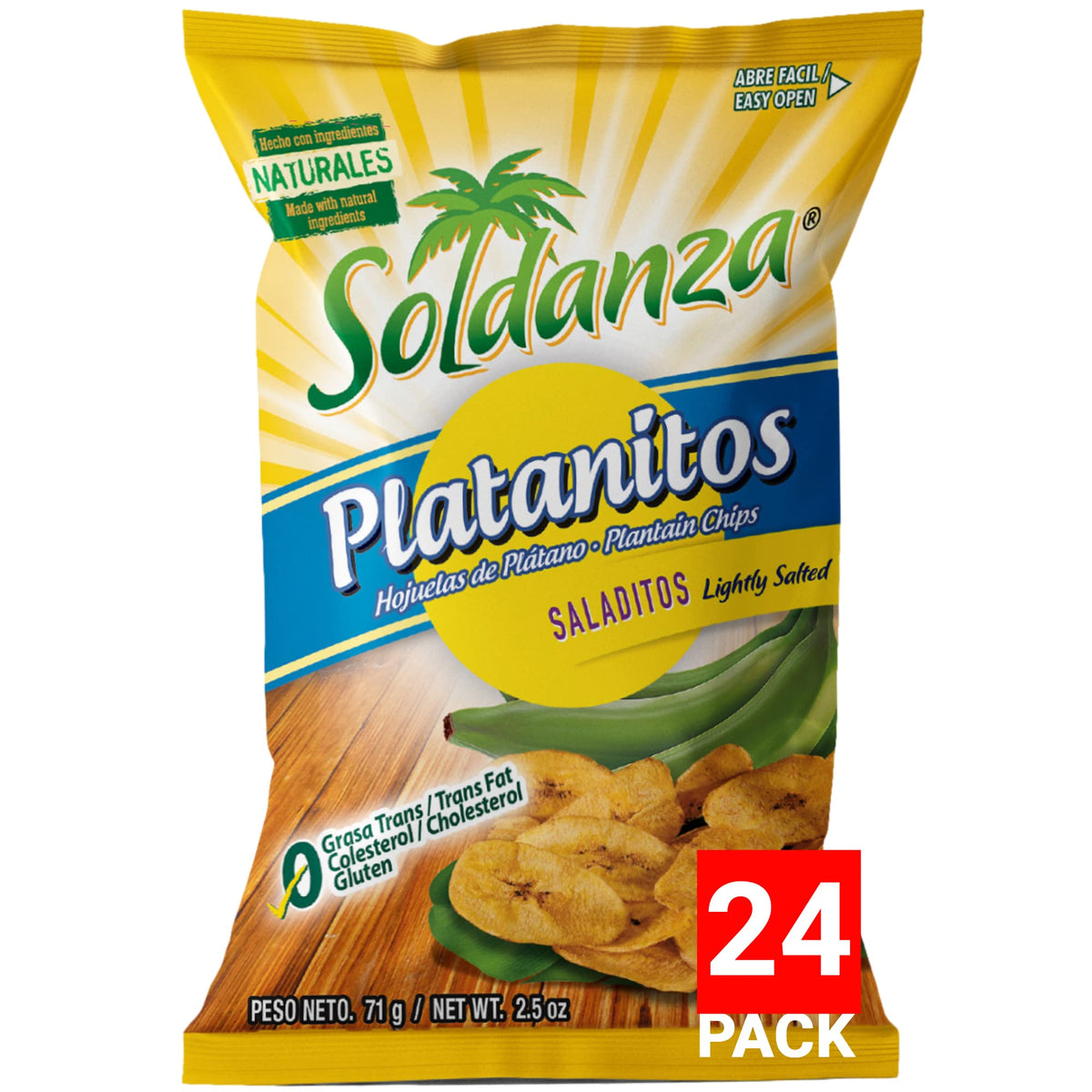 Soldanza lightly salted plantain chips pack 24, ideal for on-the-go snacking.