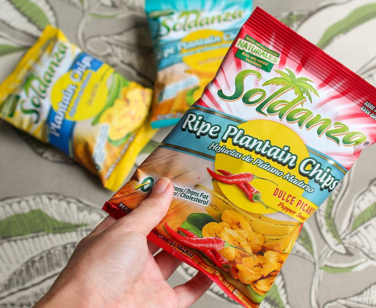Soldanza Pepper Sweet Plantain Chips bag closeup, crispy golden chips ready to share.