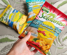 Soldanza Pepper Sweet Plantain Chips bag closeup, crispy golden chips ready to share.