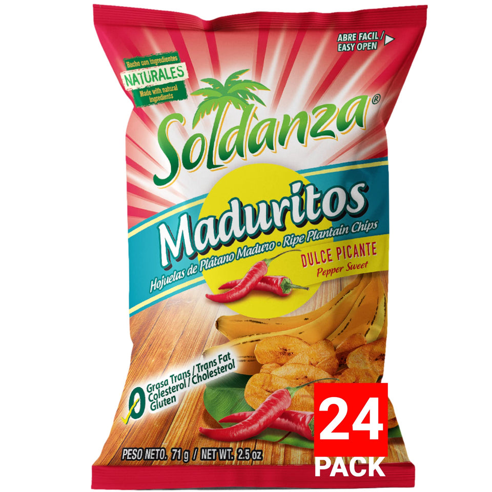 Soldanza Pepper Sweet Plantain Chips pack front, ideal for on-the-go snacking.