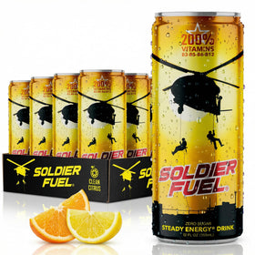 Soldier Fuel performance energy drink can; ready for workouts and long days.