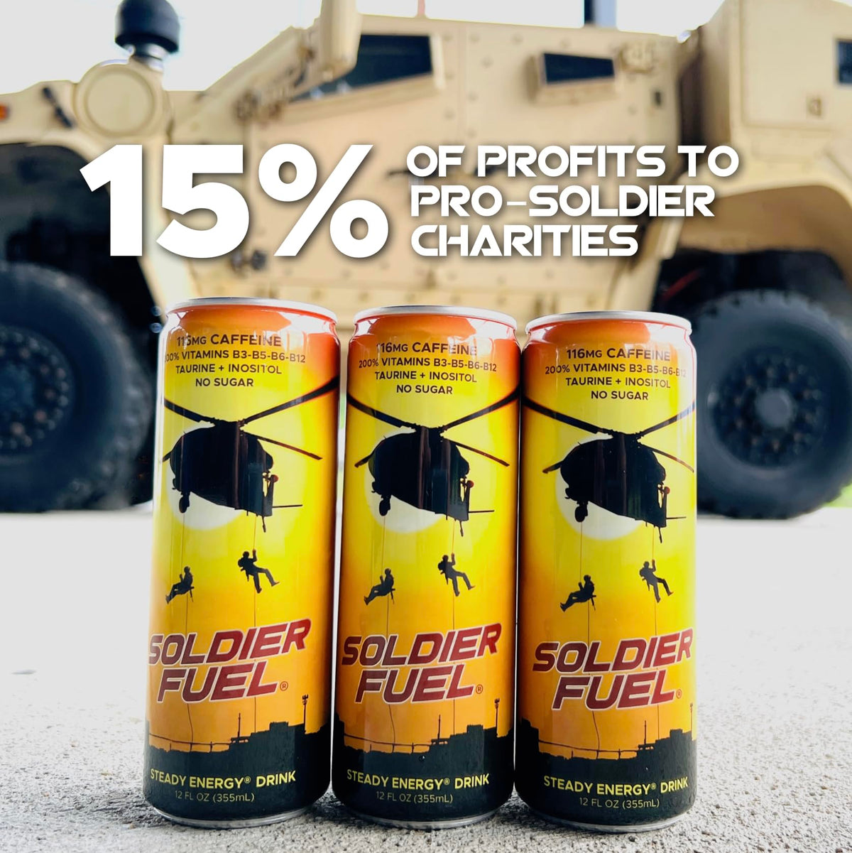 Soldier Fuel pro veteran charities image; 15% profits support veteran causes.