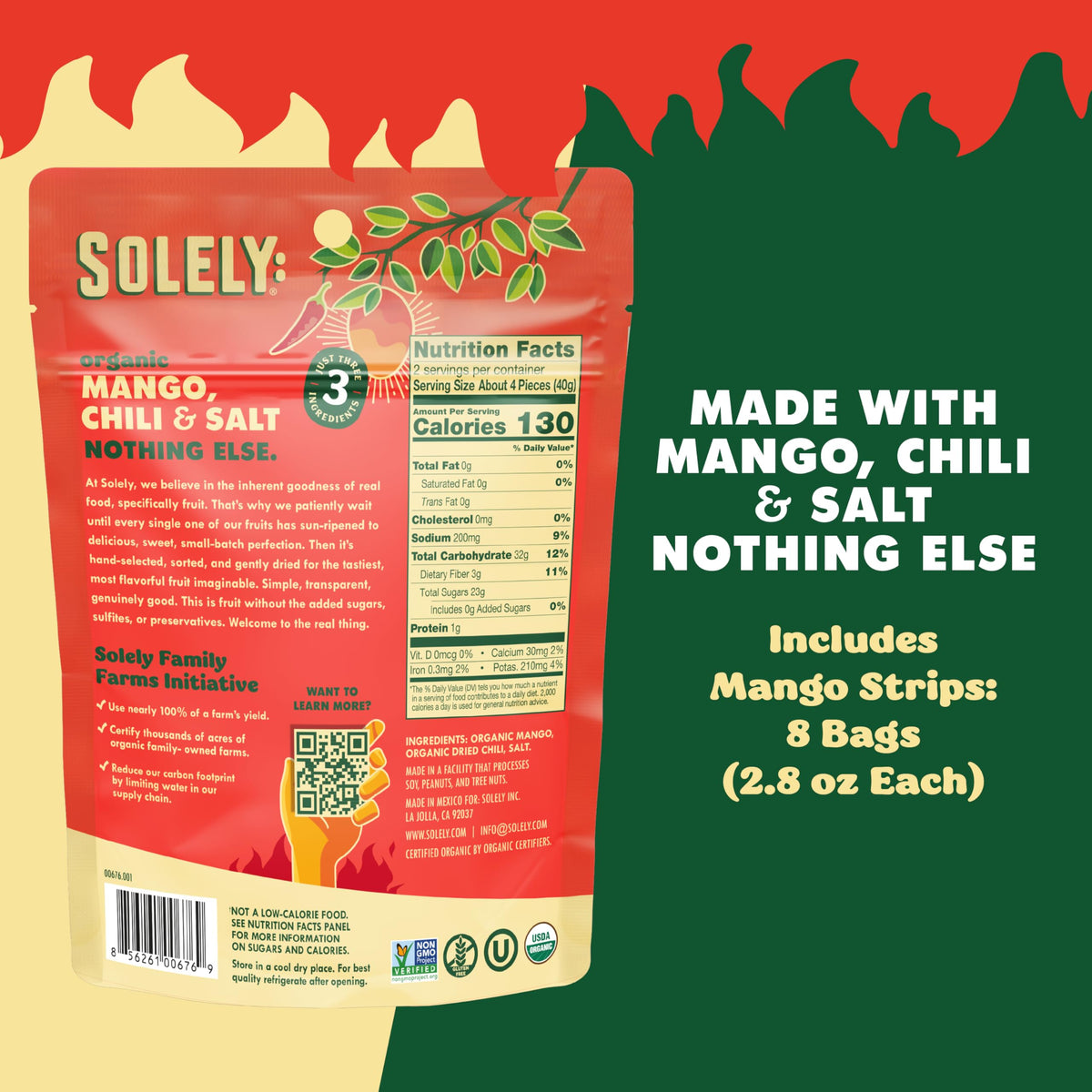 SOLELY Family Farms Initiative label highlights sustainable, full-fruit use.