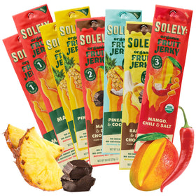 SOLELY fruit jerky variety pack with eight flavors, convenient on-the-go snack.