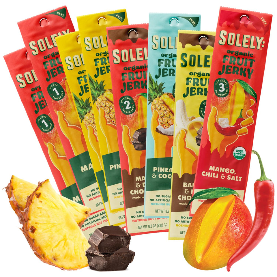 SOLELY fruit jerky variety pack with eight flavors, convenient on-the-go snack.