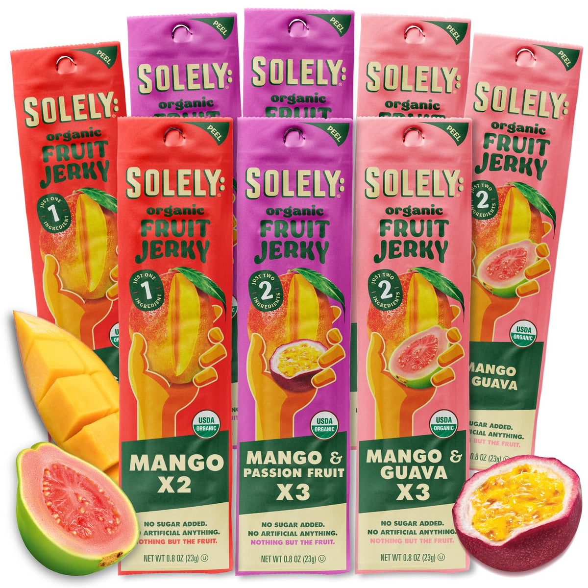 SOLELY fruit jerky variety pack with 8 individually wrapped strips for on-the-go snacking.