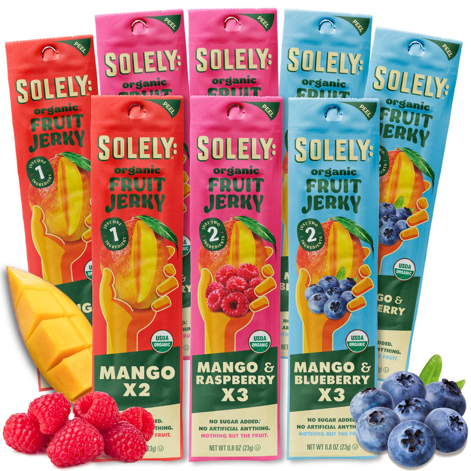 SOLELY fruit jerky variety pack with eight flavors, ideal for on-the-go