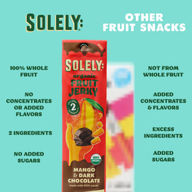 SOLELY fruit-leather mango cacao drizzle showcasing a fruit-first snack approach.