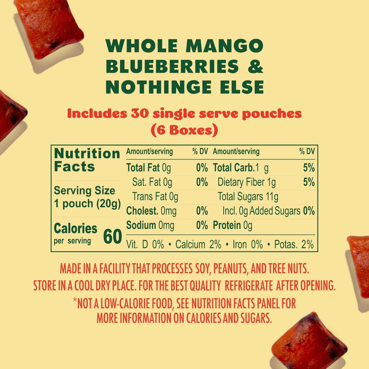 Close-up of real organic mango and blueberry pieces in SOLELY gummies