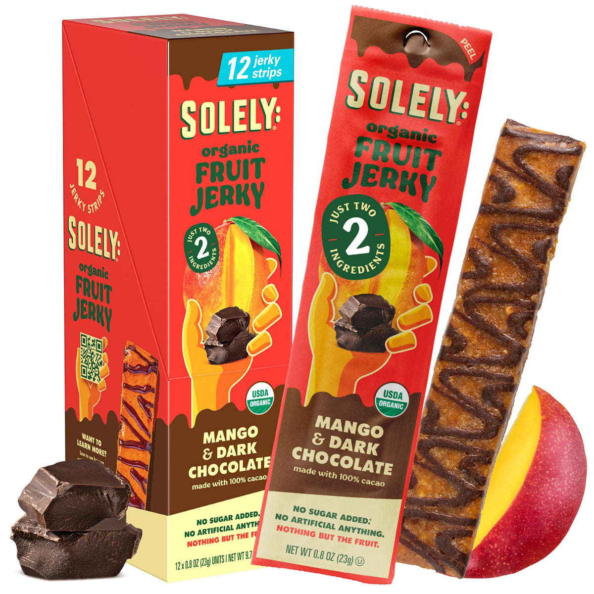 SOLELY mango-chocolate-drizzled-fruit-jerky 12-pack showing individually wrapped bars for portable snacking.