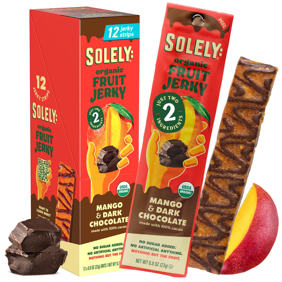 SOLELY mango-chocolate-drizzled-fruit-jerky 12-pack showing individually wrapped bars for portable snacking.