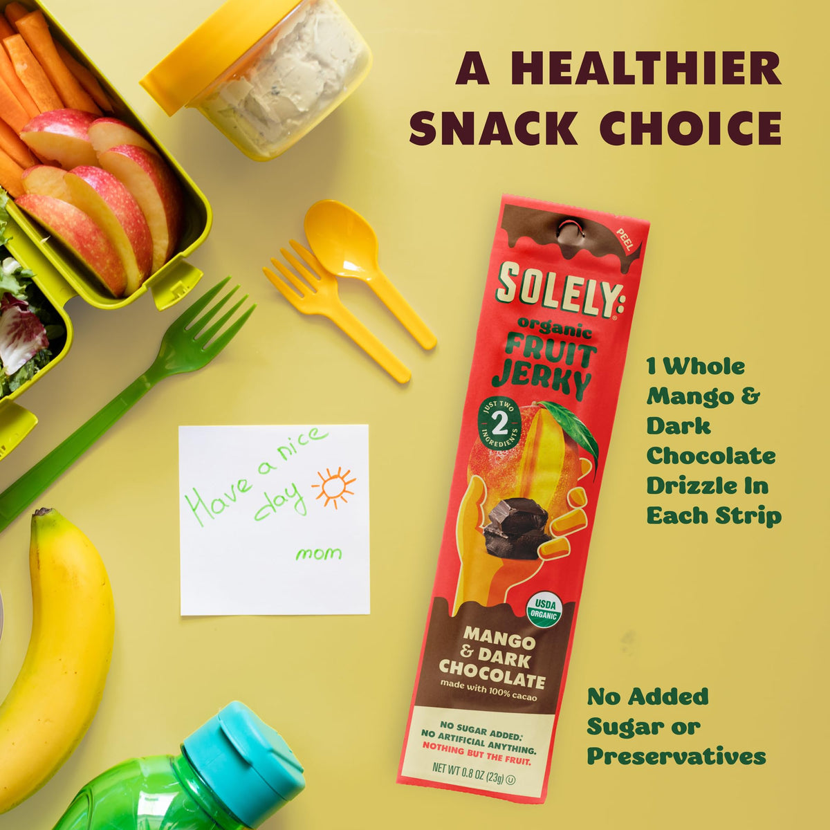 Close-up of SOLELY mango-chocolate-drizzled-fruit-jerky highlighting real fruit flavor.