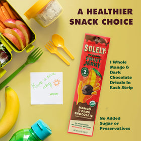 Close-up of SOLELY mango-chocolate-drizzled-fruit-jerky highlighting real fruit flavor.