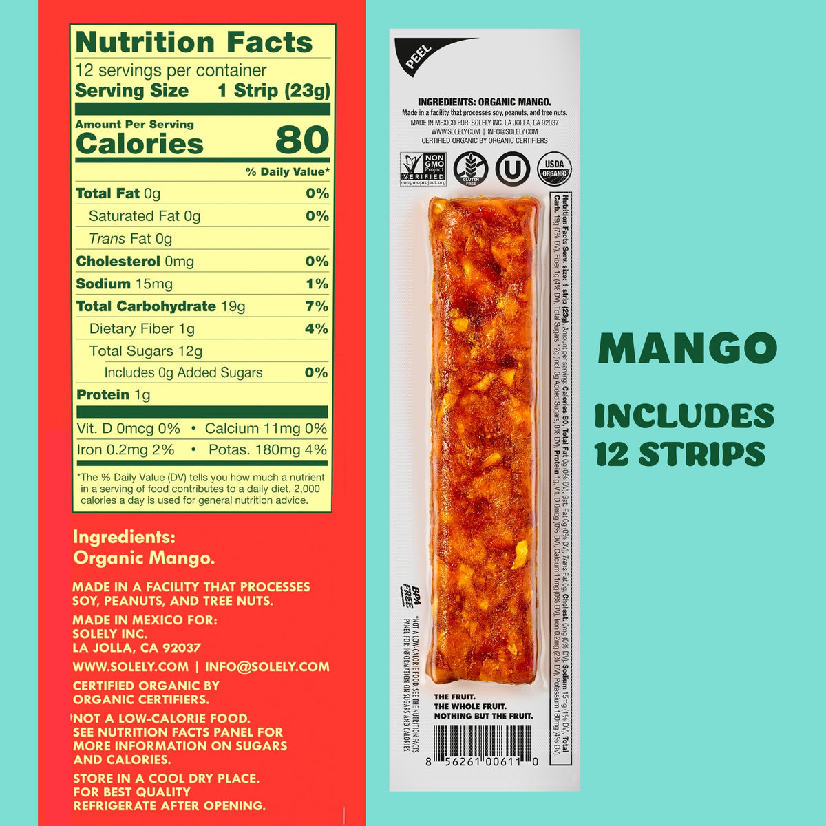 SOLELY mango fruit jerky pack opening shows convenient single-serve portions for lunchboxes.