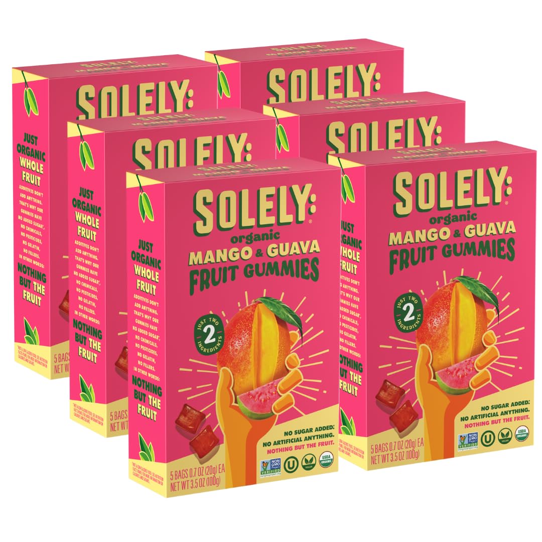 SOLELY mango guava gummies packaging highlighting real fruit goodness for on-the-go snacking.