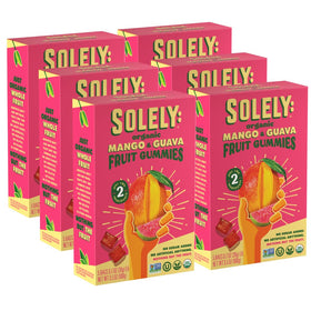 SOLELY mango guava gummies packaging highlighting real fruit goodness for on-the-go snacking.