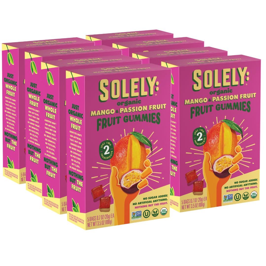 SOLELY mango-passion-fruit gummies front pack for on the go snacking